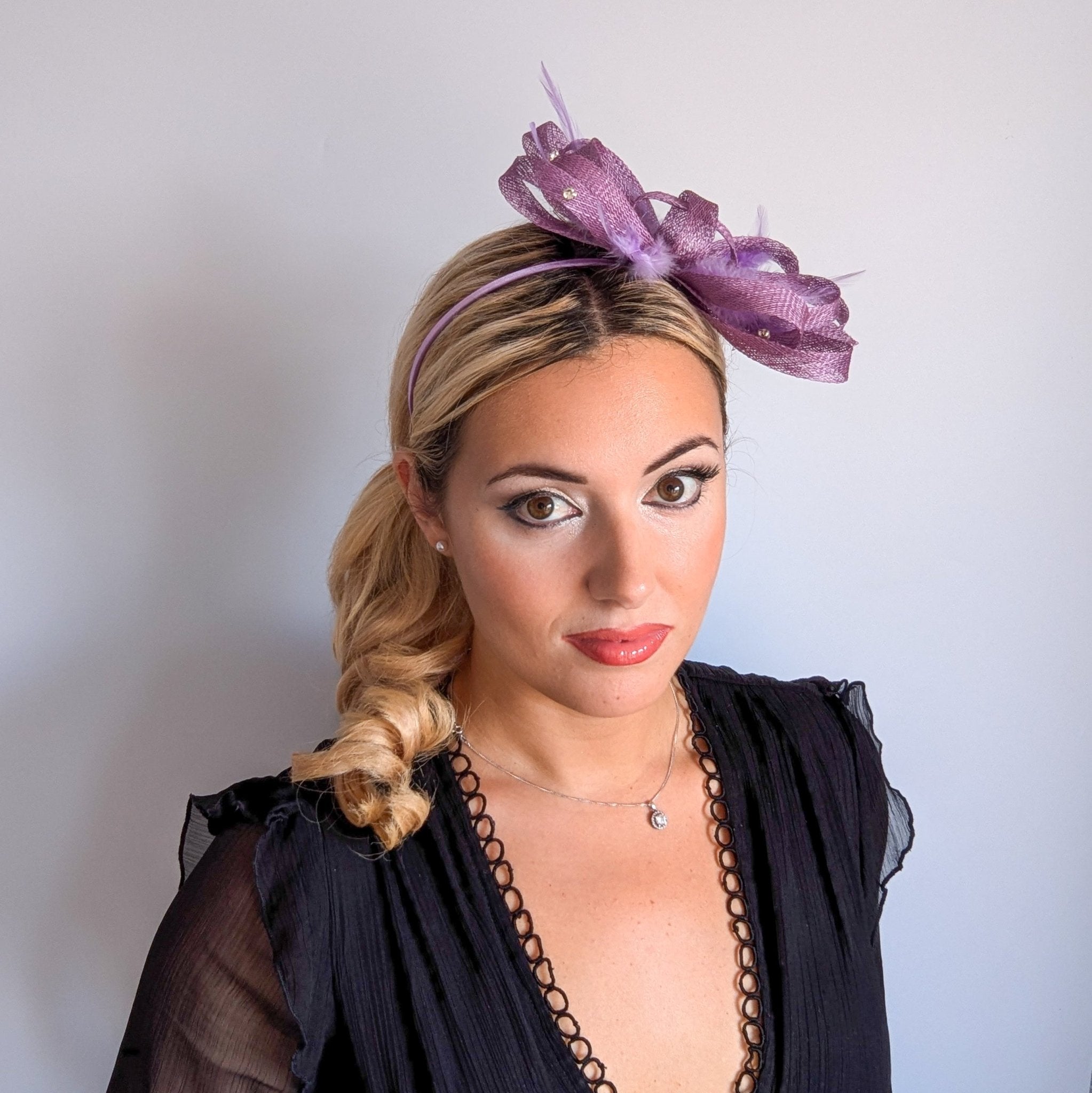 Lavender light purple crystal feather fascinator hat - House of Hats