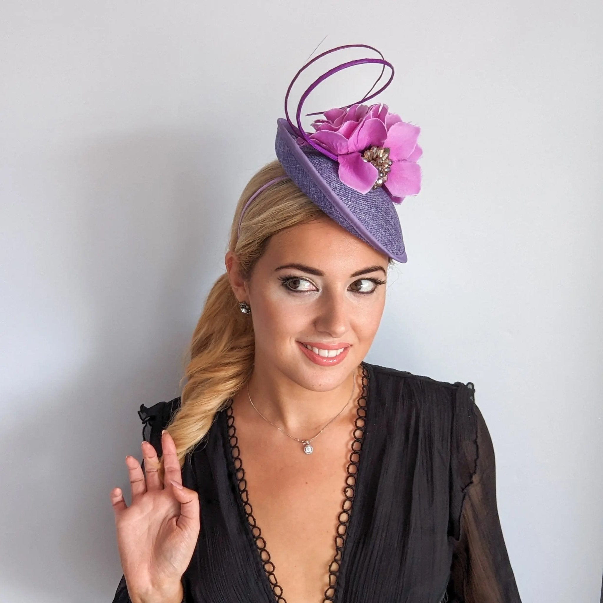 Lavender light purple flower disc saucer fascinator hat - House of Hats