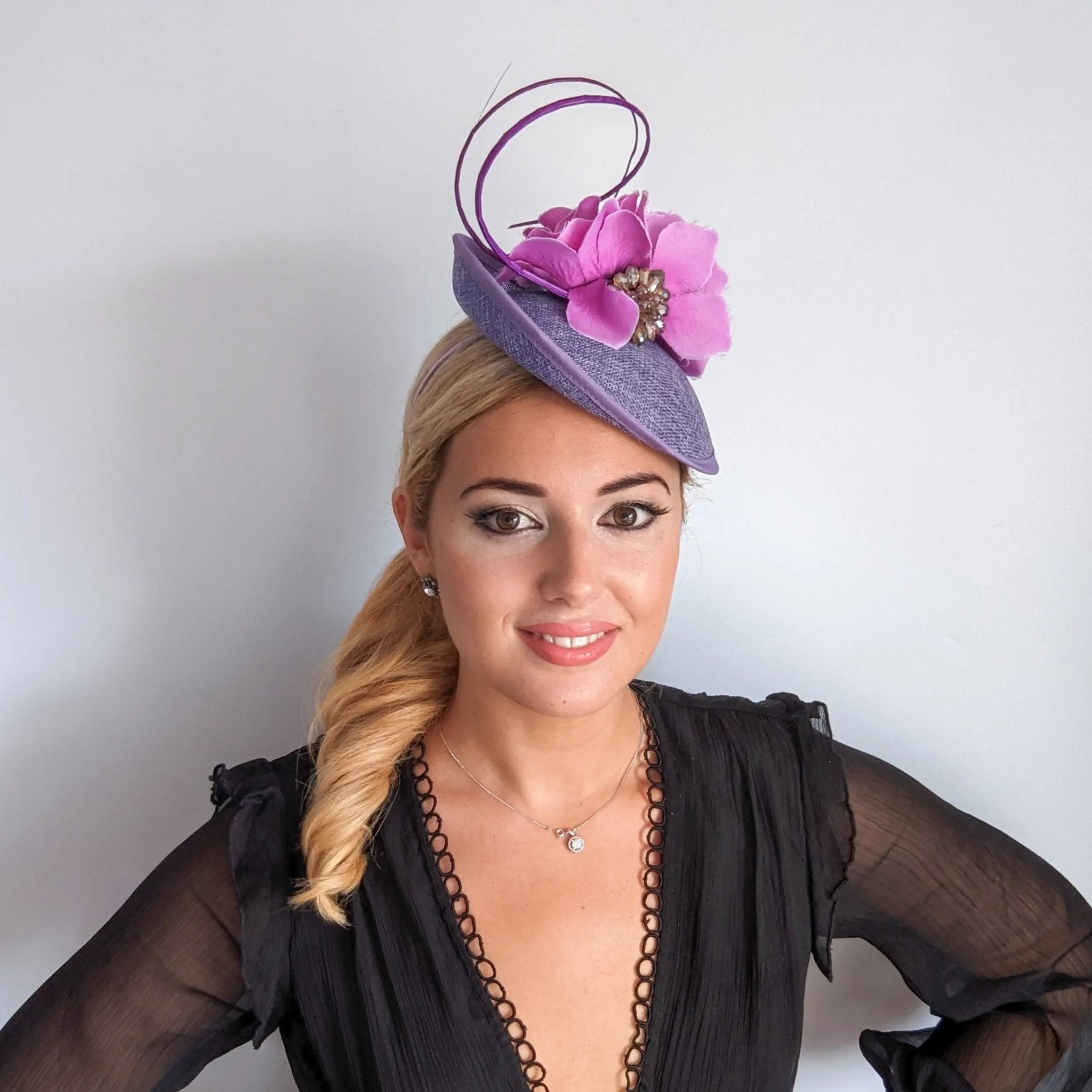 Lavender light purple flower disc saucer fascinator hat - House of Hats