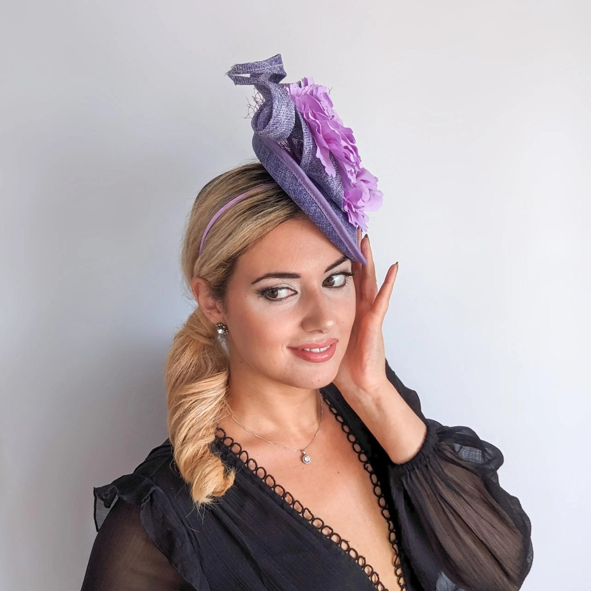 Lavender lilac purple flower fascinator disc saucer hat - House of Hats
