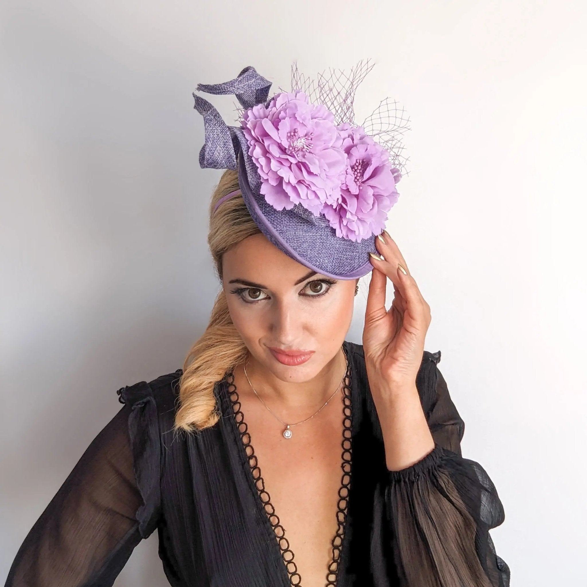 Lavender lilac purple flower fascinator disc saucer hat - House of Hats