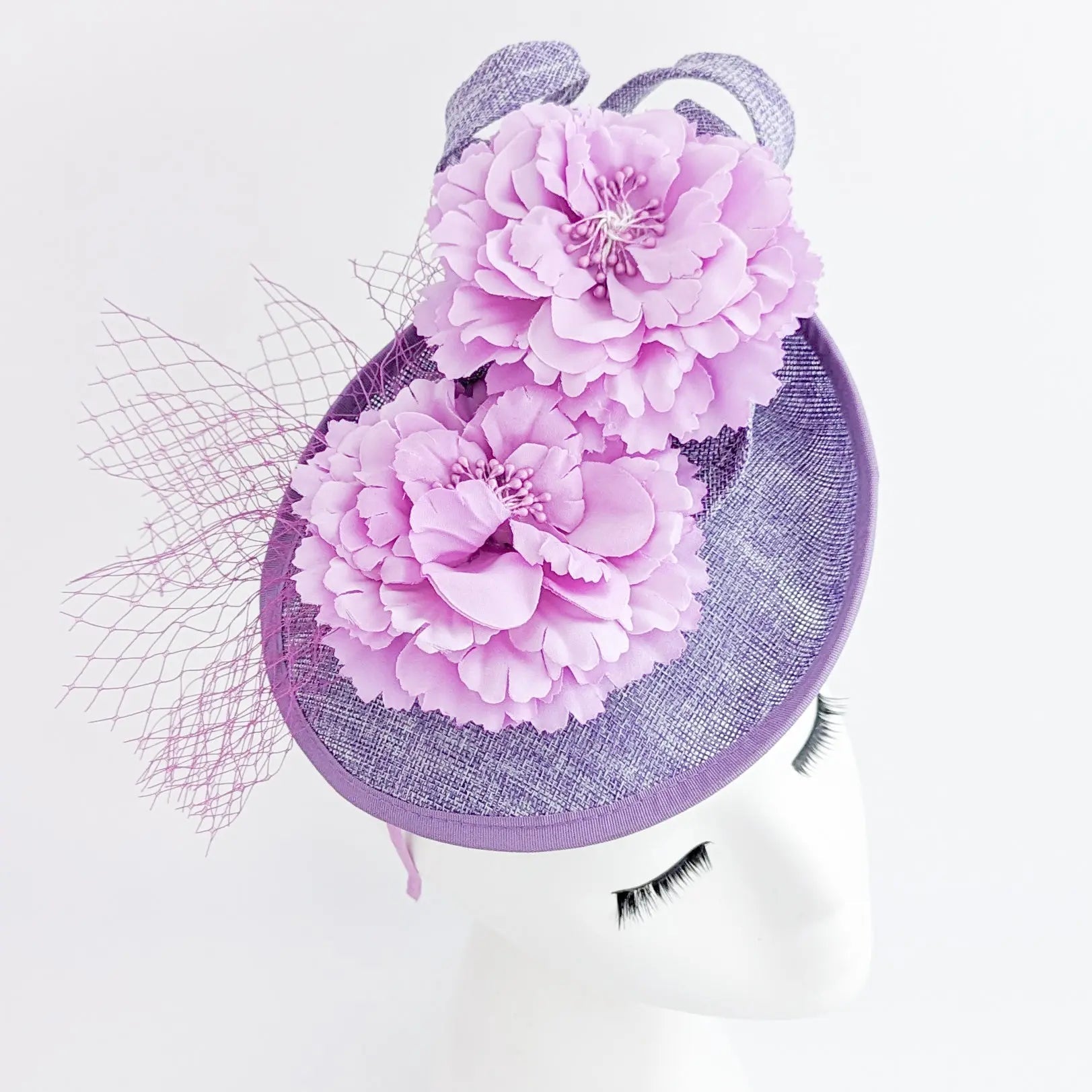 Lavender lilac purple flower fascinator disc saucer hat - House of Hats