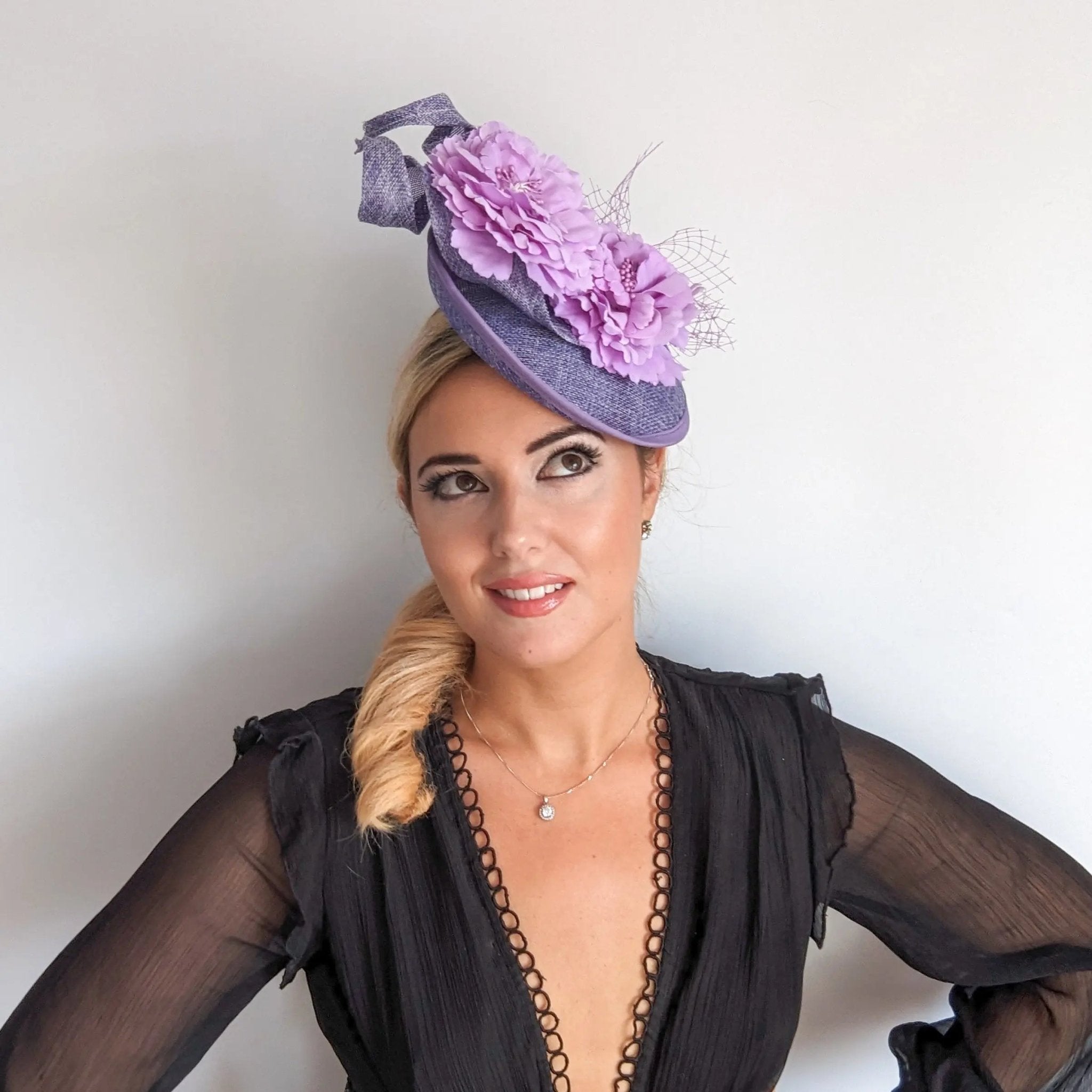 Lavender lilac purple flower fascinator disc saucer hat - House of Hats