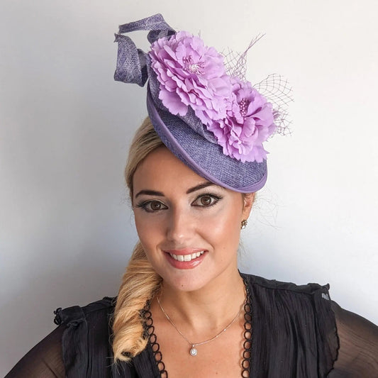 Lavender lilac purple flower fascinator disc saucer hat - House of Hats