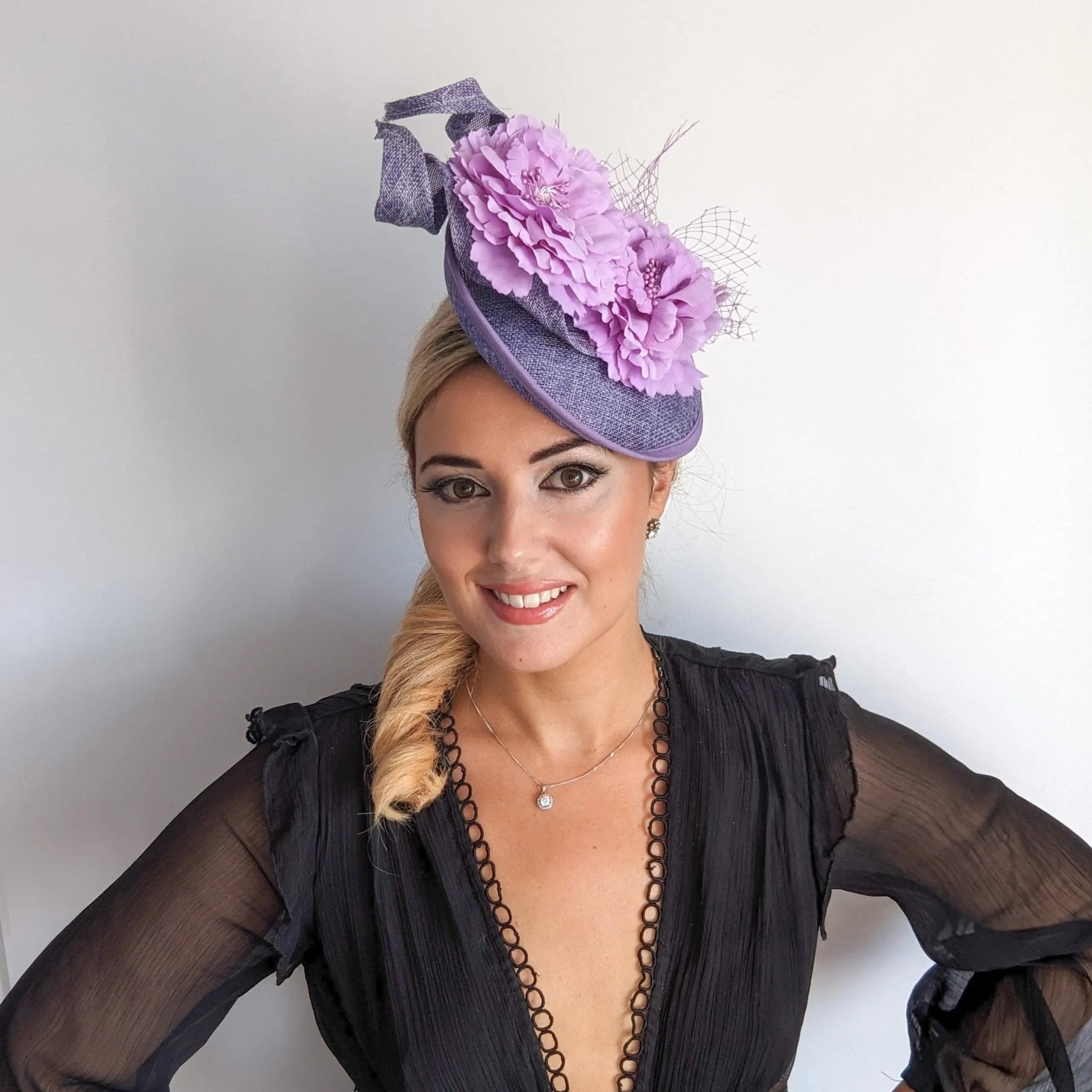 Lavender lilac purple flower fascinator disc saucer hat - House of Hats
