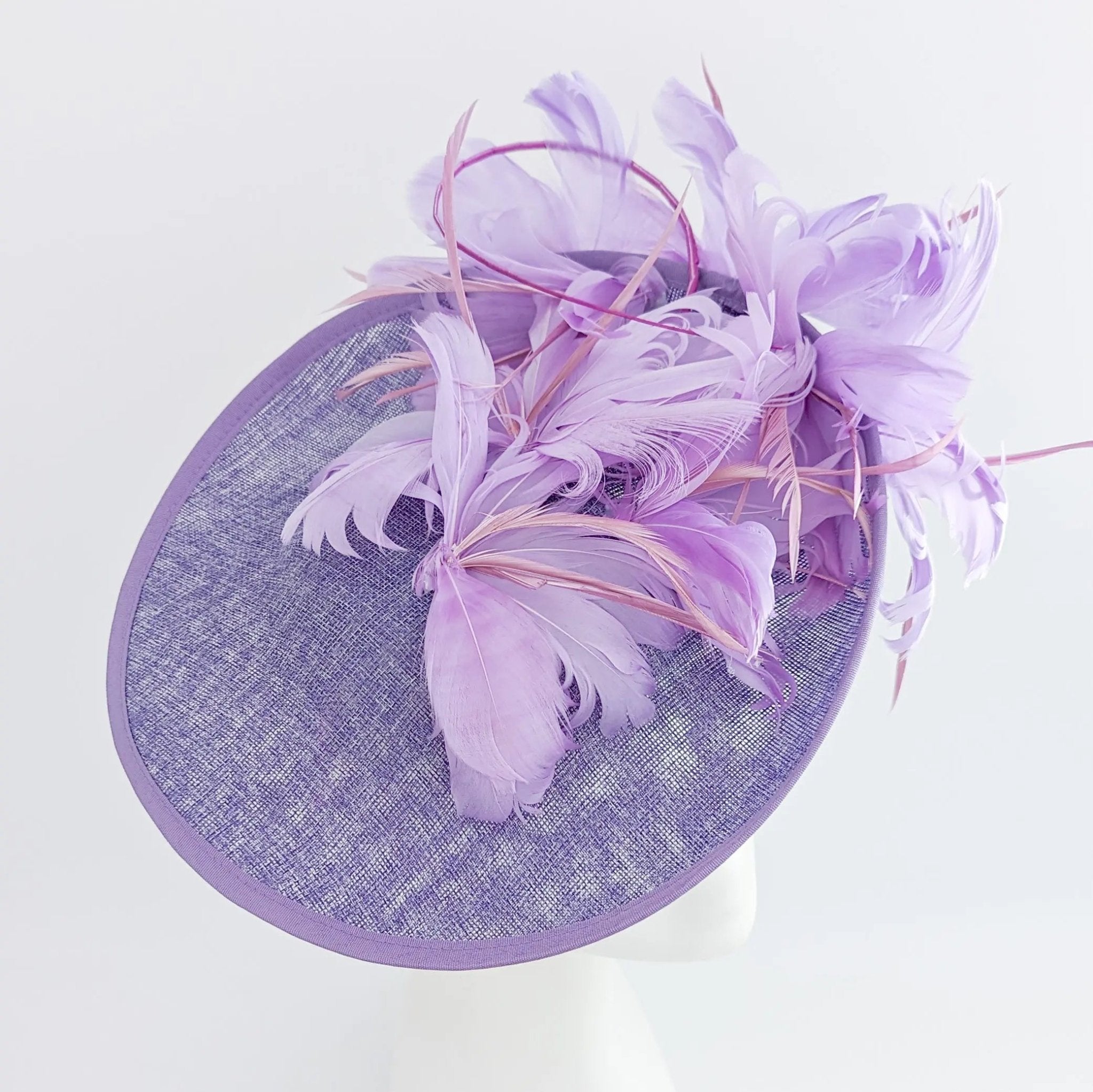 Lavender purple and lilac feather large saucer disc fascinator hat - House of Hats