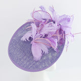Lavender purple and lilac feather large saucer disc fascinator hat - House of Hats