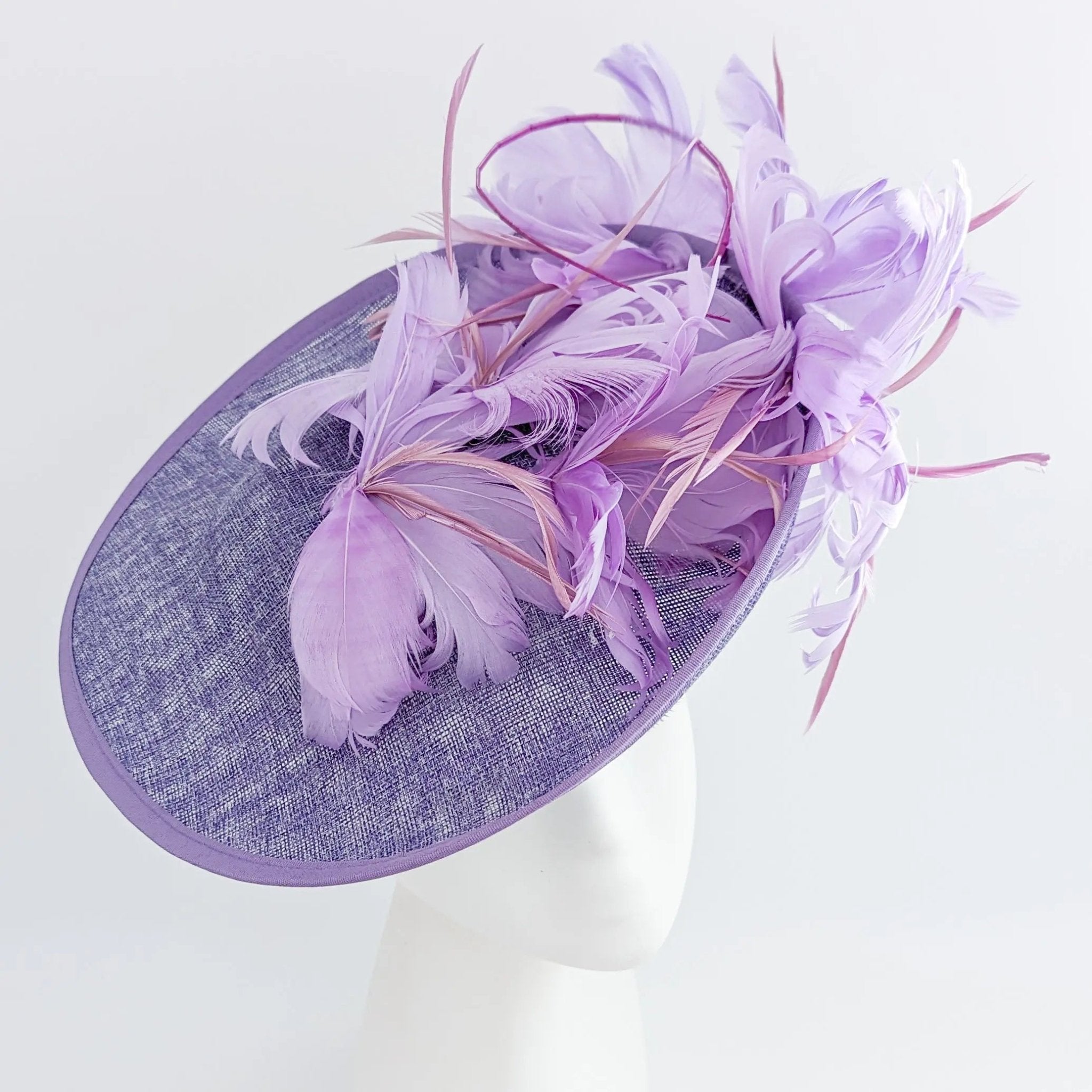 Lavender purple and lilac feather large saucer disc fascinator hat - House of Hats