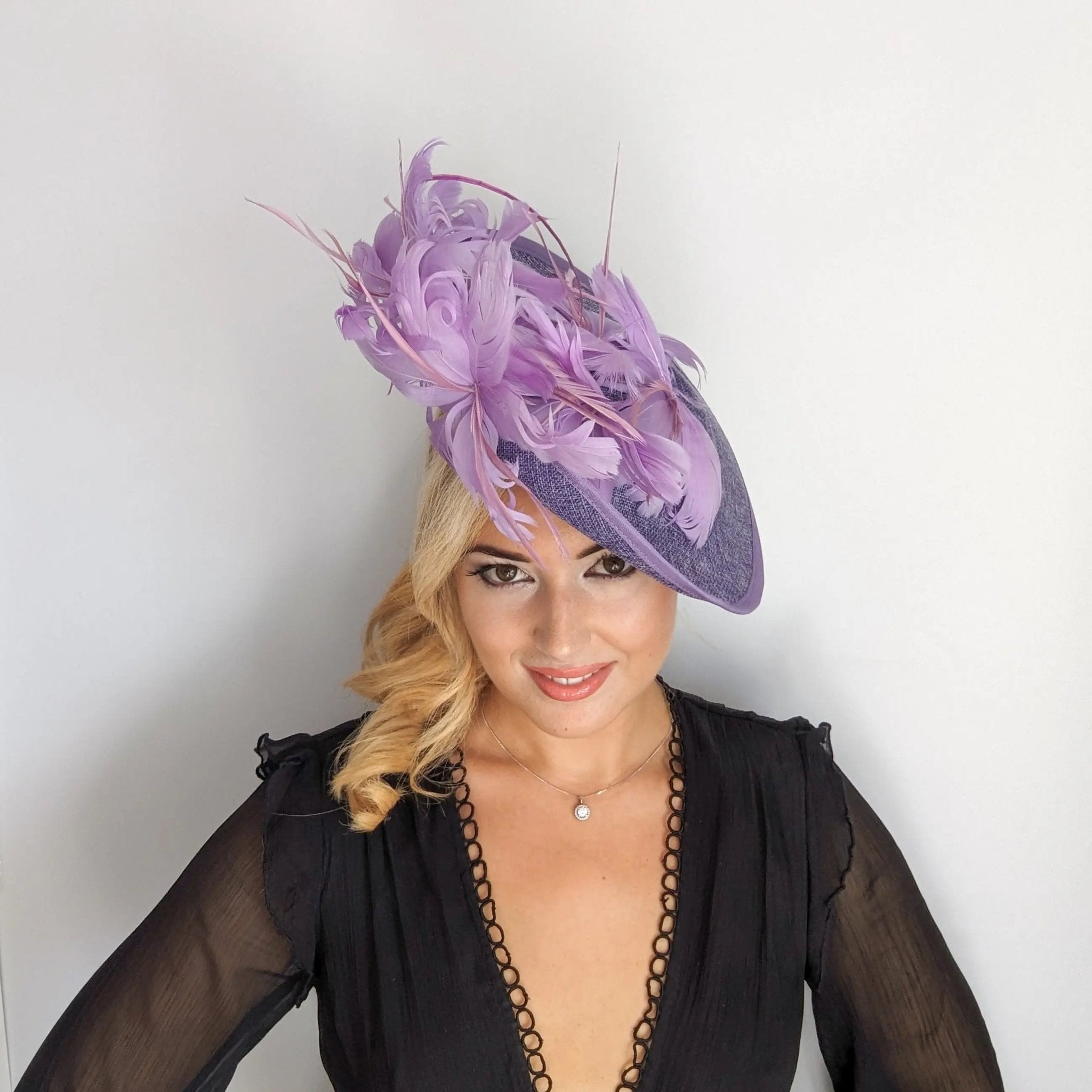 Lavender purple and lilac feather large saucer disc fascinator hat - House of Hats