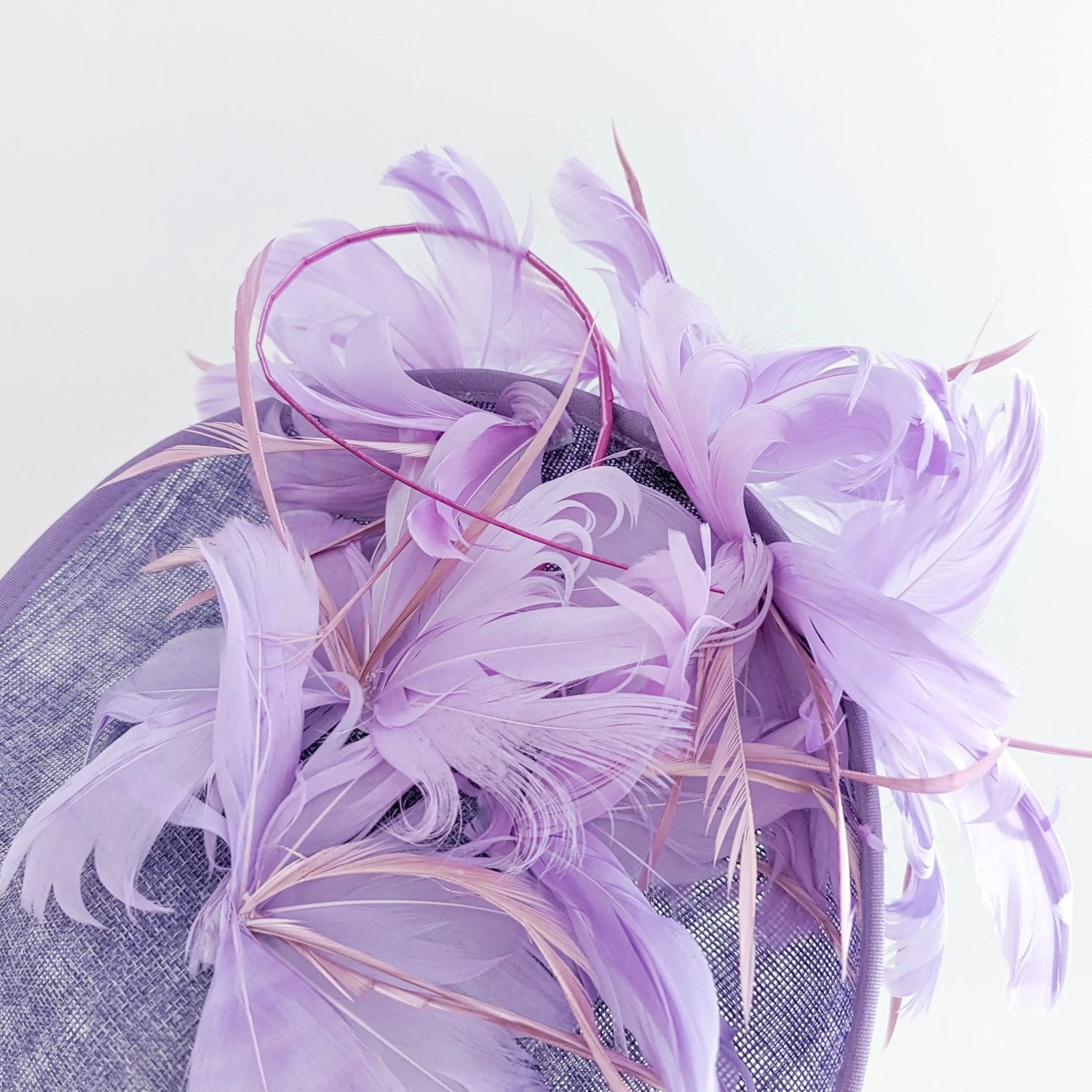 Lavender purple and lilac feather large saucer disc fascinator hat - House of Hats