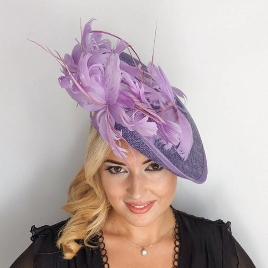 Lavender purple and lilac feather large saucer disc fascinator hat - House of Hats