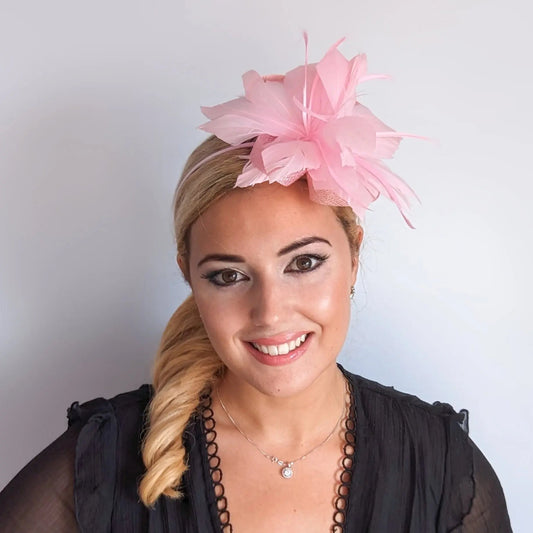 Light candy pink feather fascinator hat - House of Hats