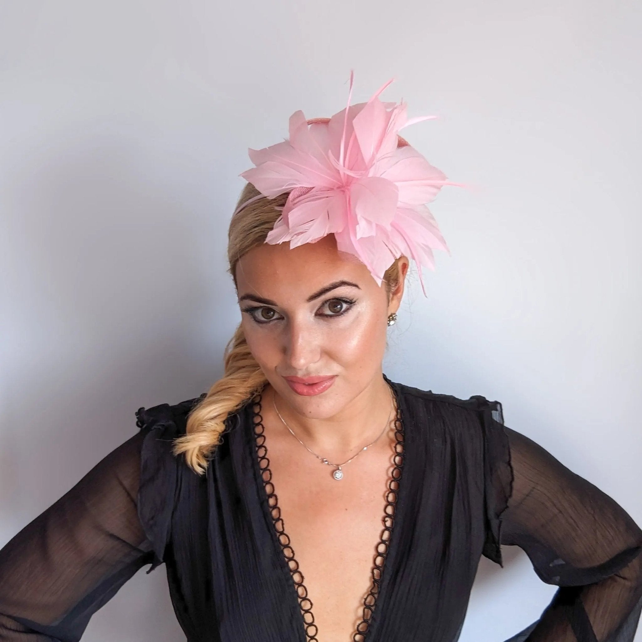 Light candy pink feather fascinator hat - House of Hats