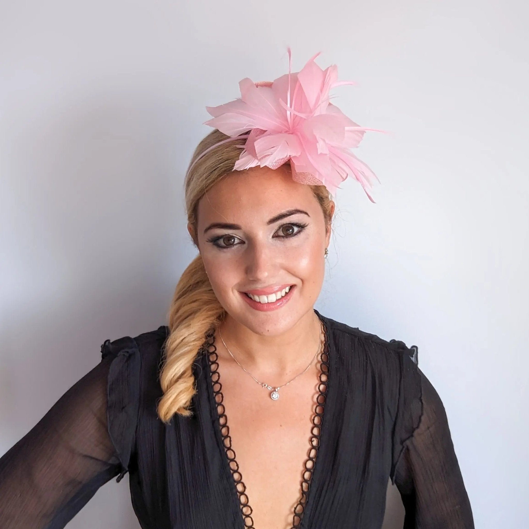 Light candy pink feather fascinator hat - House of Hats