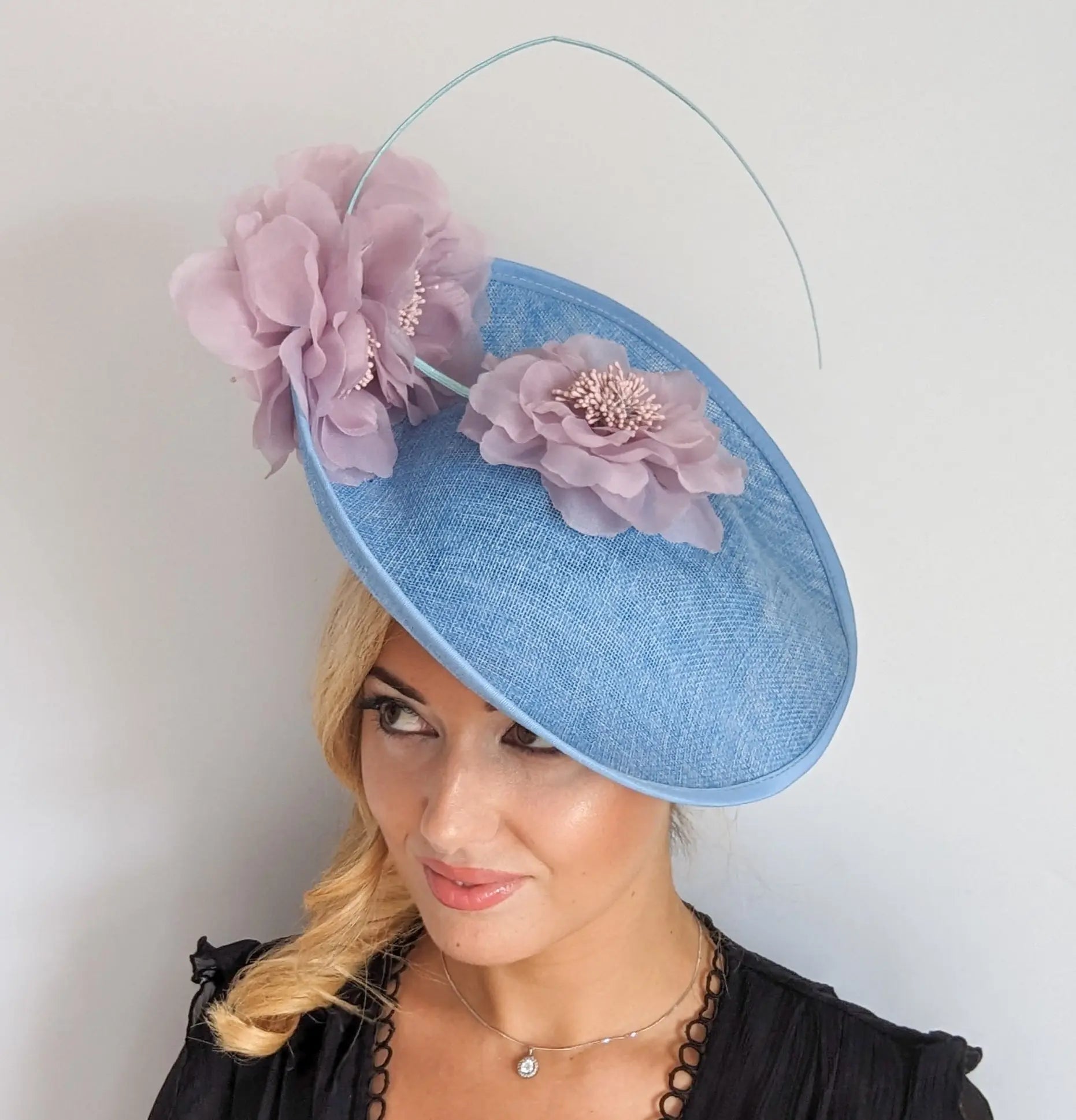 Light cornflower blue and pink large flower saucer disc fascinator hat - House of Hats