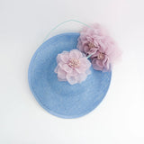 Light cornflower blue and pink large flower saucer disc fascinator hat - House of Hats