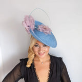 Light cornflower blue and pink large flower saucer disc fascinator hat - House of Hats