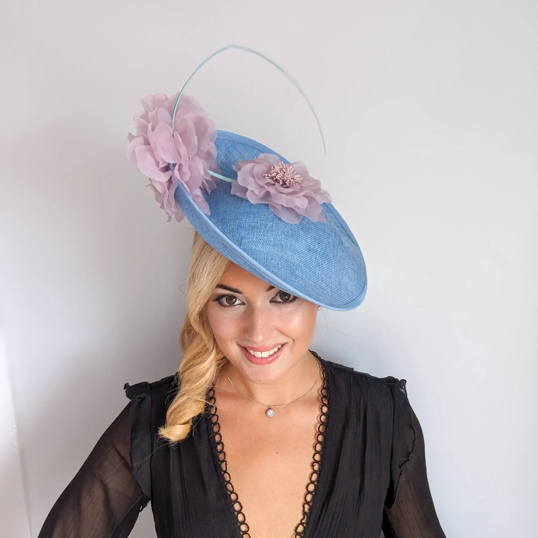 Light cornflower blue and pink large flower saucer disc fascinator hat - House of Hats