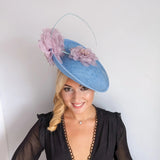 Light cornflower blue and pink large flower saucer disc fascinator hat - House of Hats