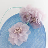 Light cornflower blue and pink large flower saucer disc fascinator hat - House of Hats
