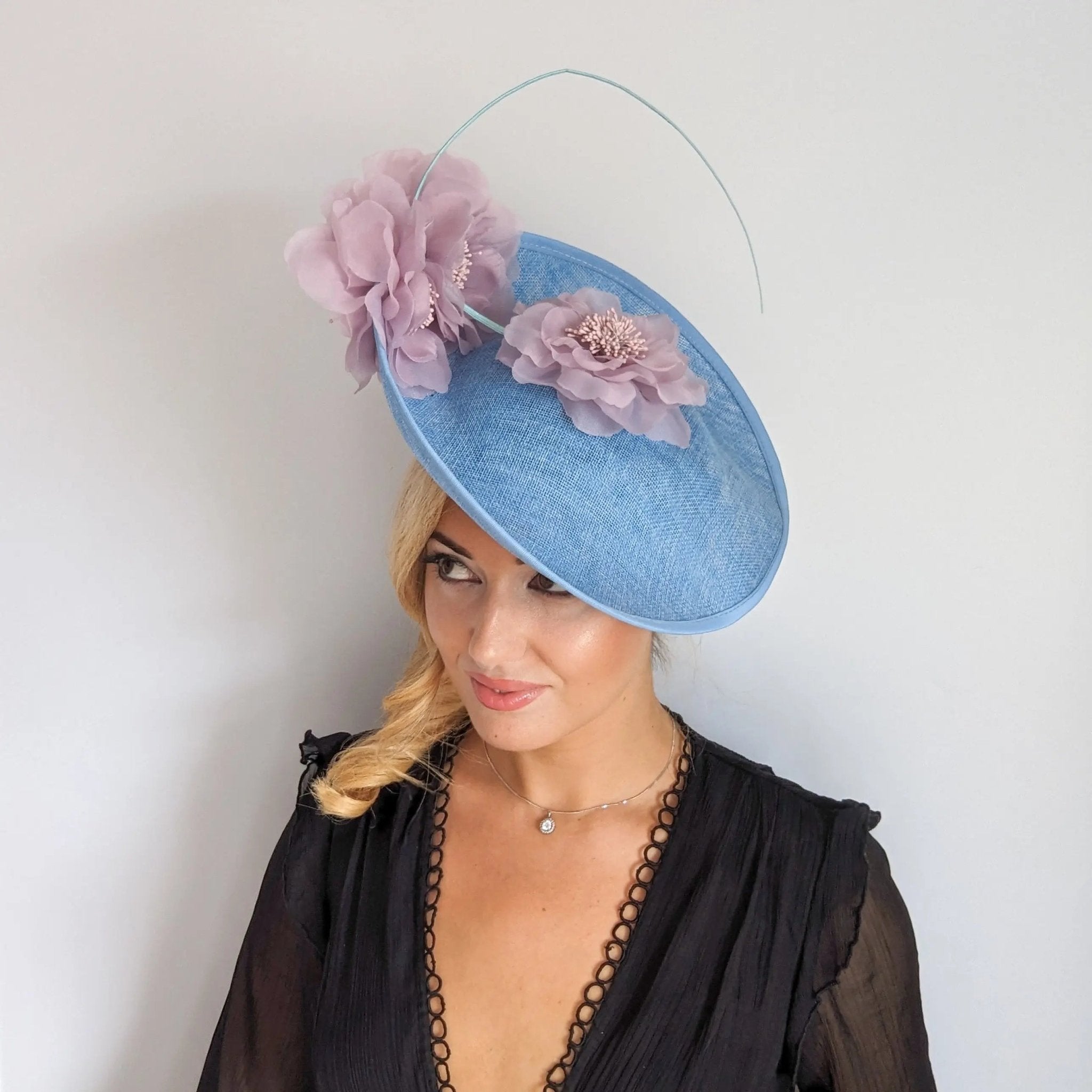 Light cornflower blue and pink large flower saucer disc fascinator hat - House of Hats