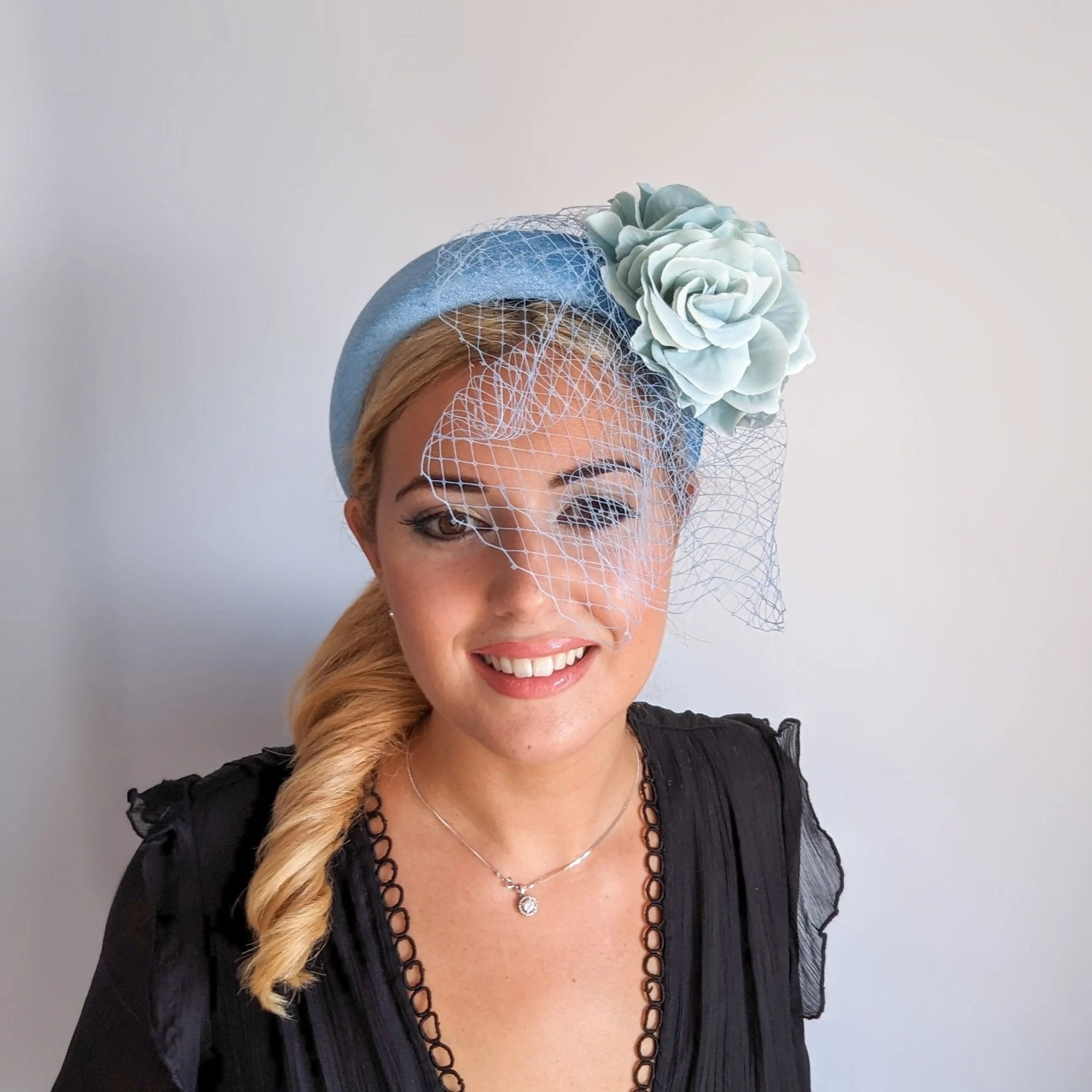 Light cornflower blue aquamarine flower padded velvet headband fascinator - House of Hats