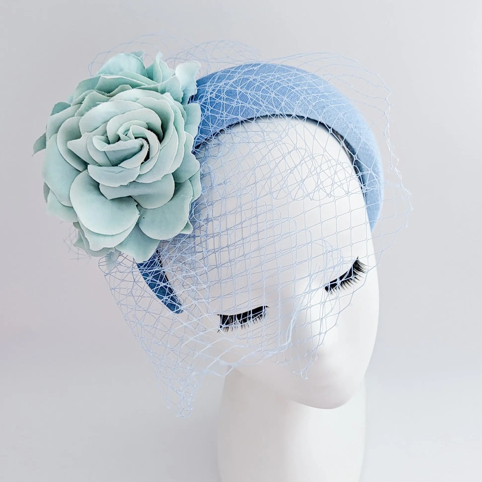 Light cornflower blue aquamarine flower padded velvet headband fascinator - House of Hats