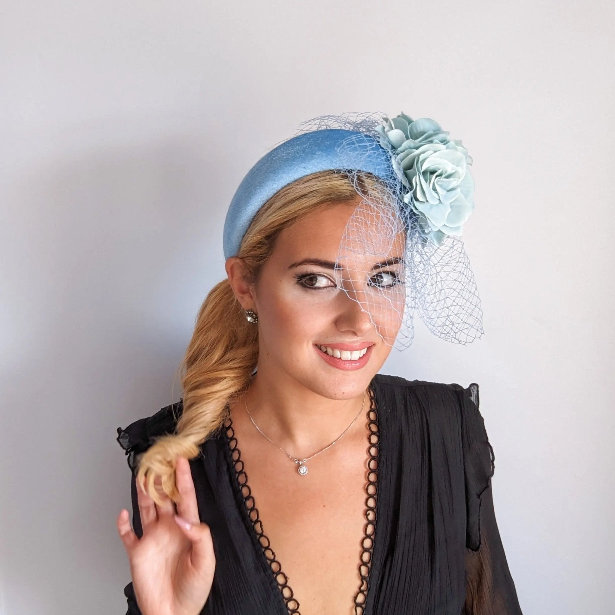 Light cornflower blue aquamarine flower padded velvet headband fascinator - House of Hats