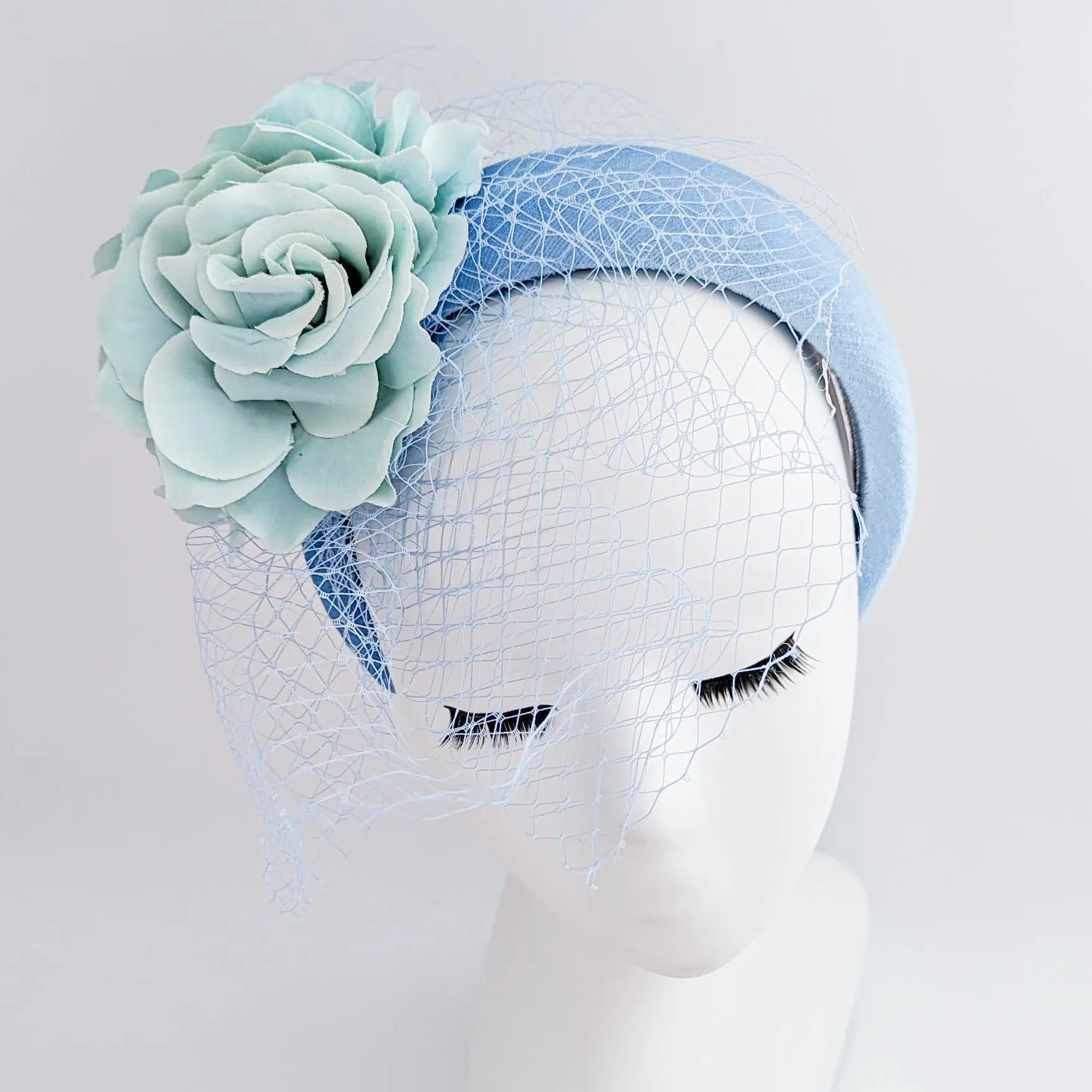 Light cornflower blue aquamarine flower padded velvet headband fascinator - House of Hats