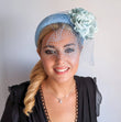 Light cornflower blue aquamarine flower padded velvet headband fascinator - House of Hats