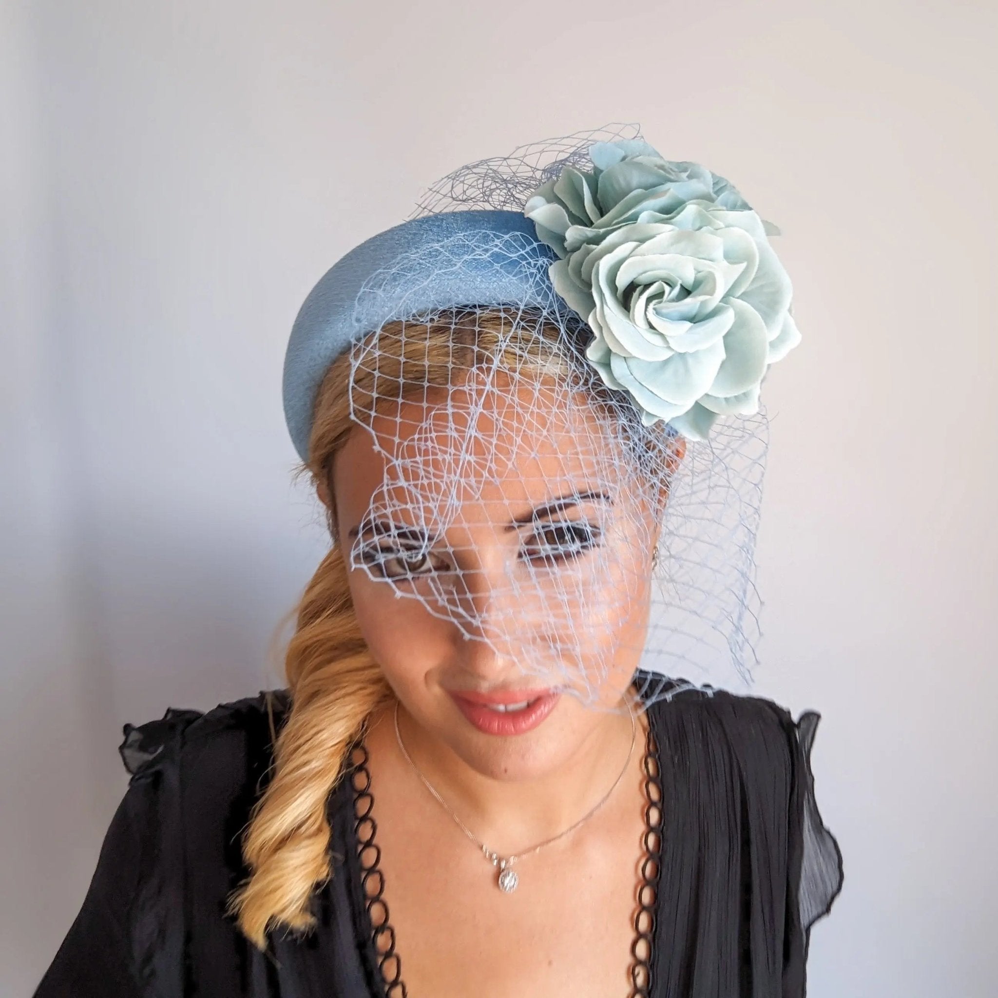 Light cornflower blue aquamarine flower padded velvet headband fascinator - House of Hats