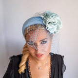 Light cornflower blue aquamarine flower padded velvet headband fascinator - House of Hats