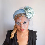 Light cornflower blue aquamarine flower padded velvet headband fascinator - House of Hats