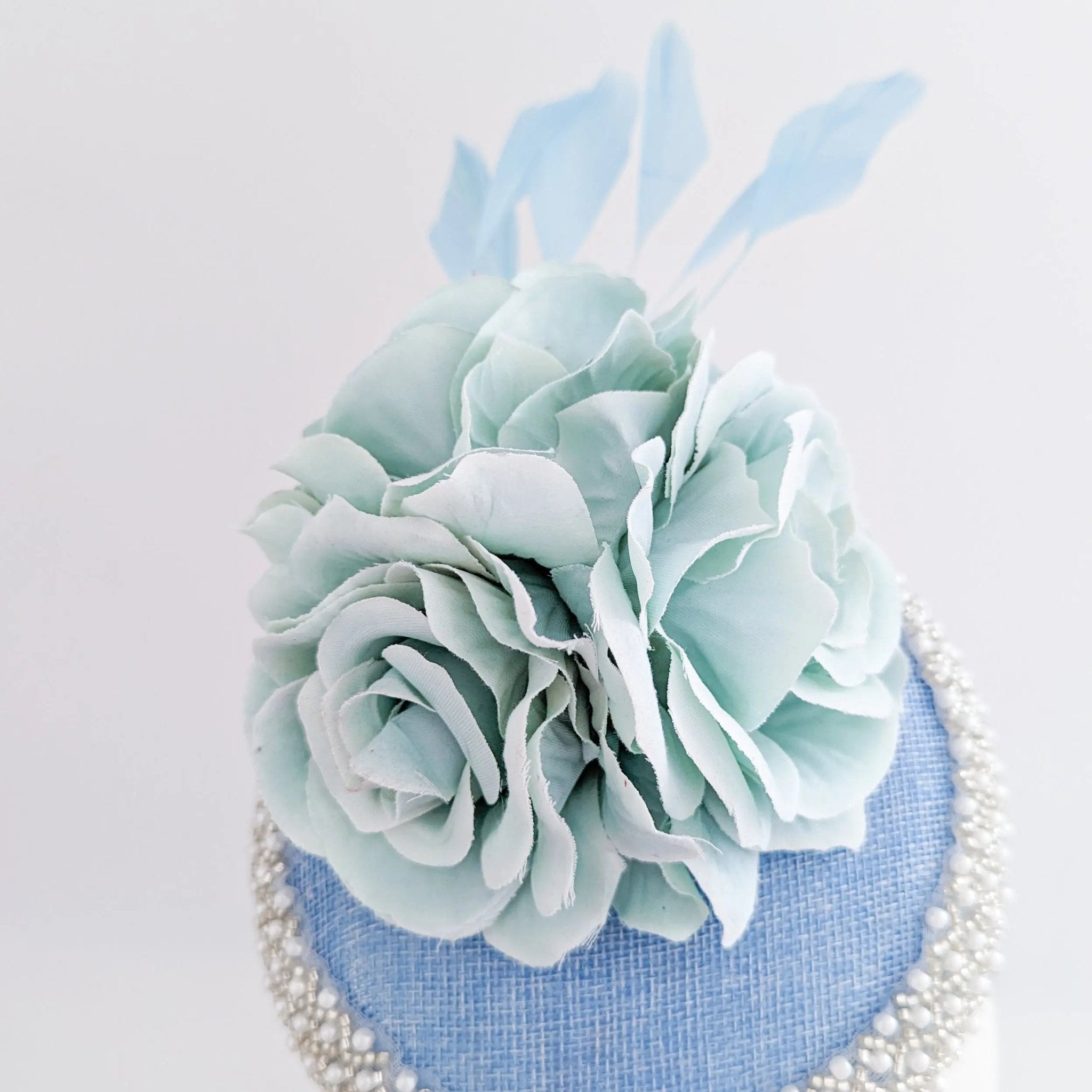 Light cornflower blue beaded flower fascinator hat - House of Hats
