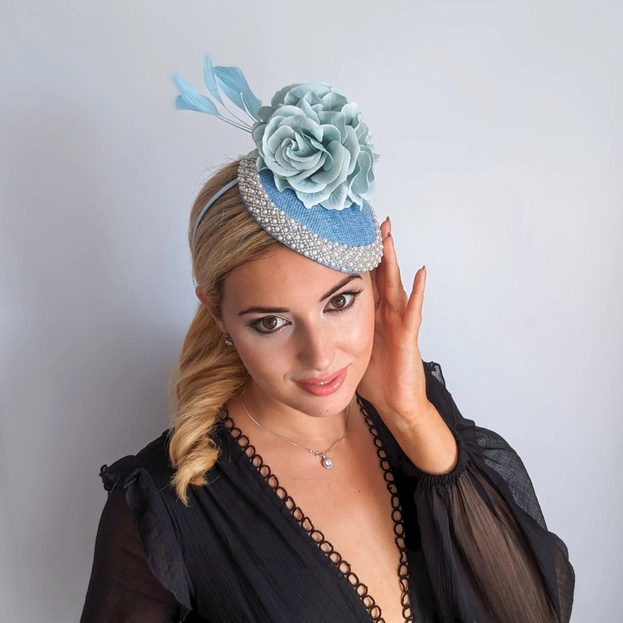 Light cornflower blue beaded flower fascinator hat - House of Hats