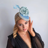 Light cornflower blue beaded flower fascinator hat - House of Hats