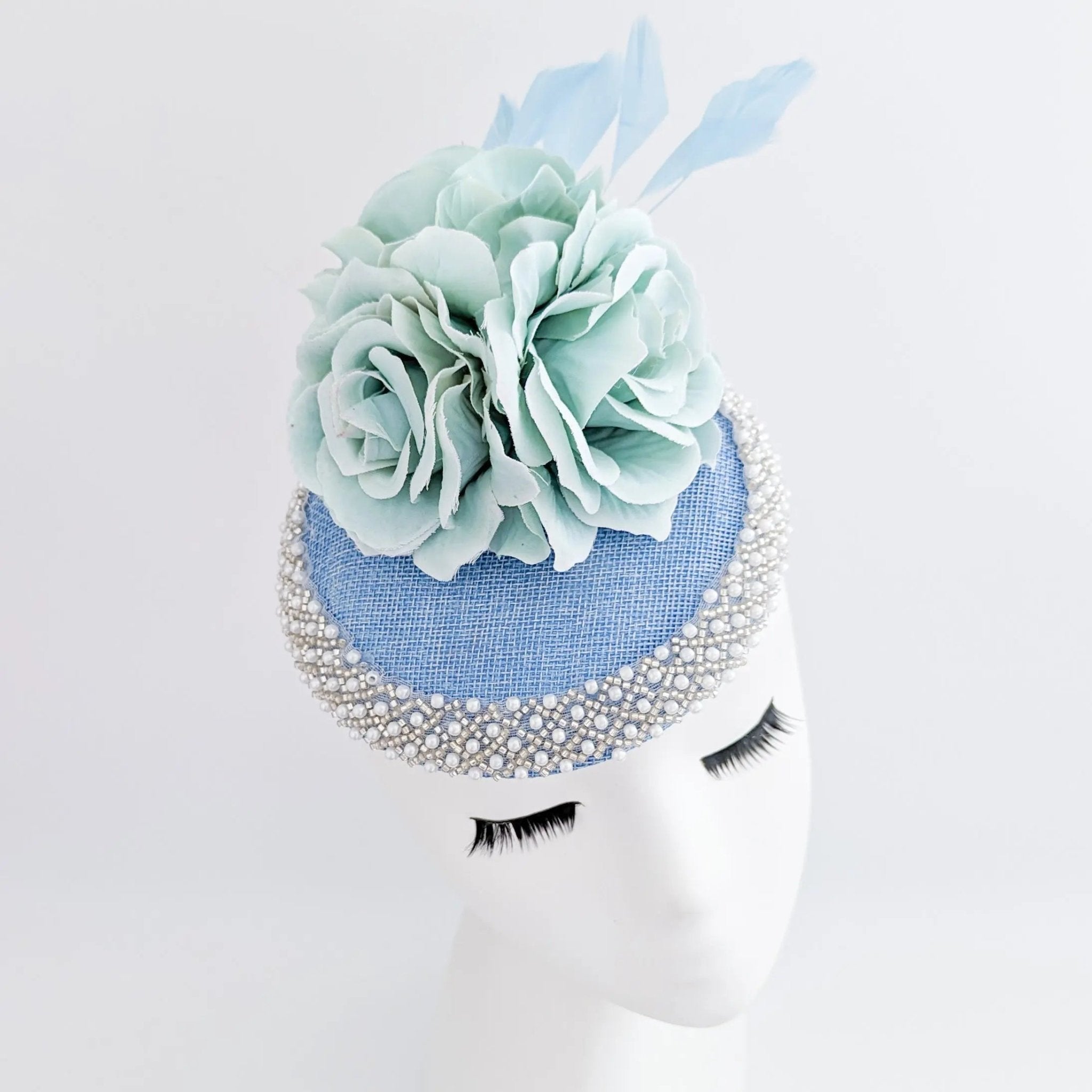 Light cornflower blue beaded flower fascinator hat - House of Hats