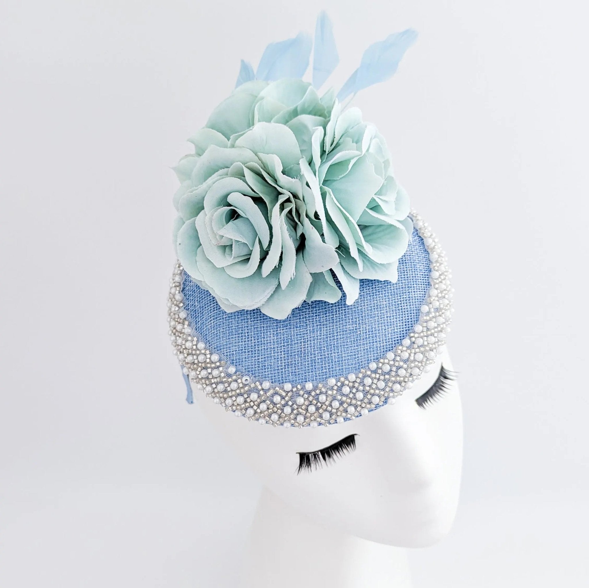Light cornflower blue beaded flower fascinator hat - House of Hats