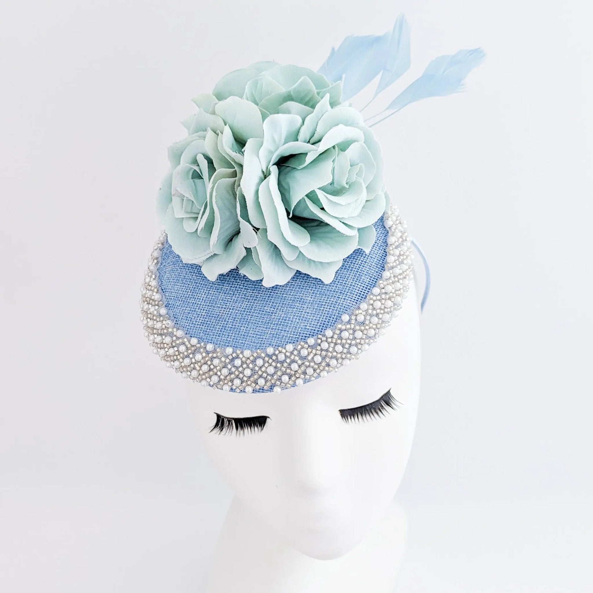 Light cornflower blue beaded flower fascinator hat - House of Hats