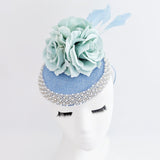 Light cornflower blue beaded flower fascinator hat - House of Hats
