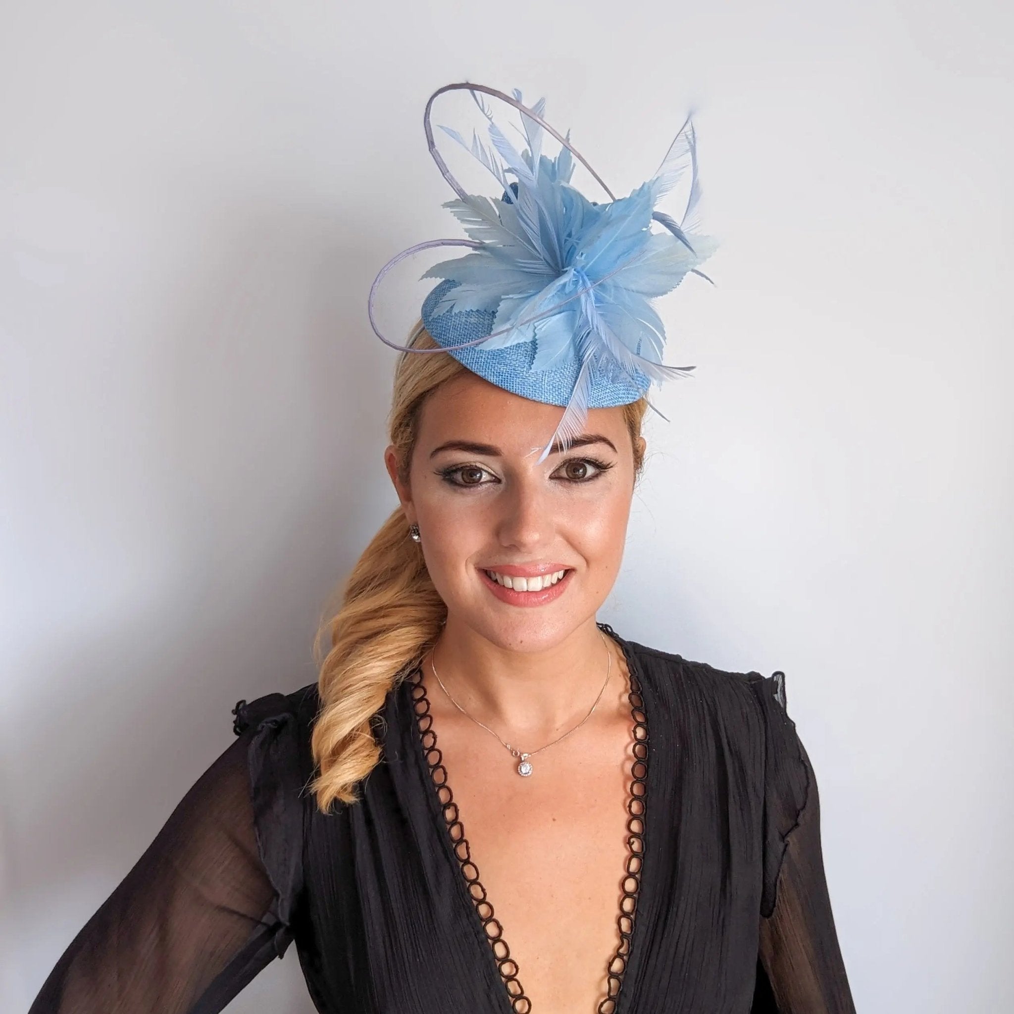 Light cornflower blue feather fascinator hat - House of Hats
