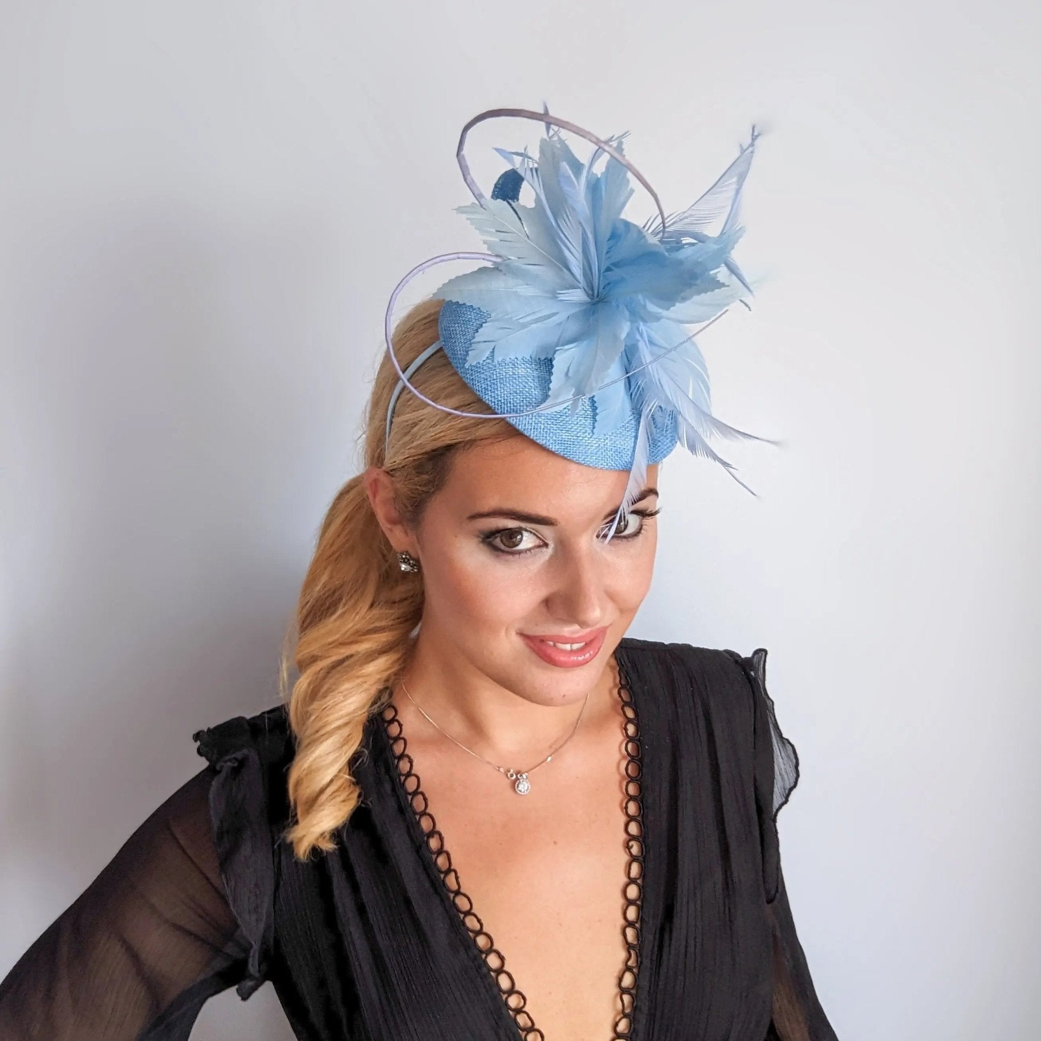 Light cornflower blue feather fascinator hat - House of Hats