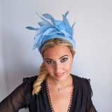 Light cornflower blue feather padded velvet headband fascinator - House of Hats