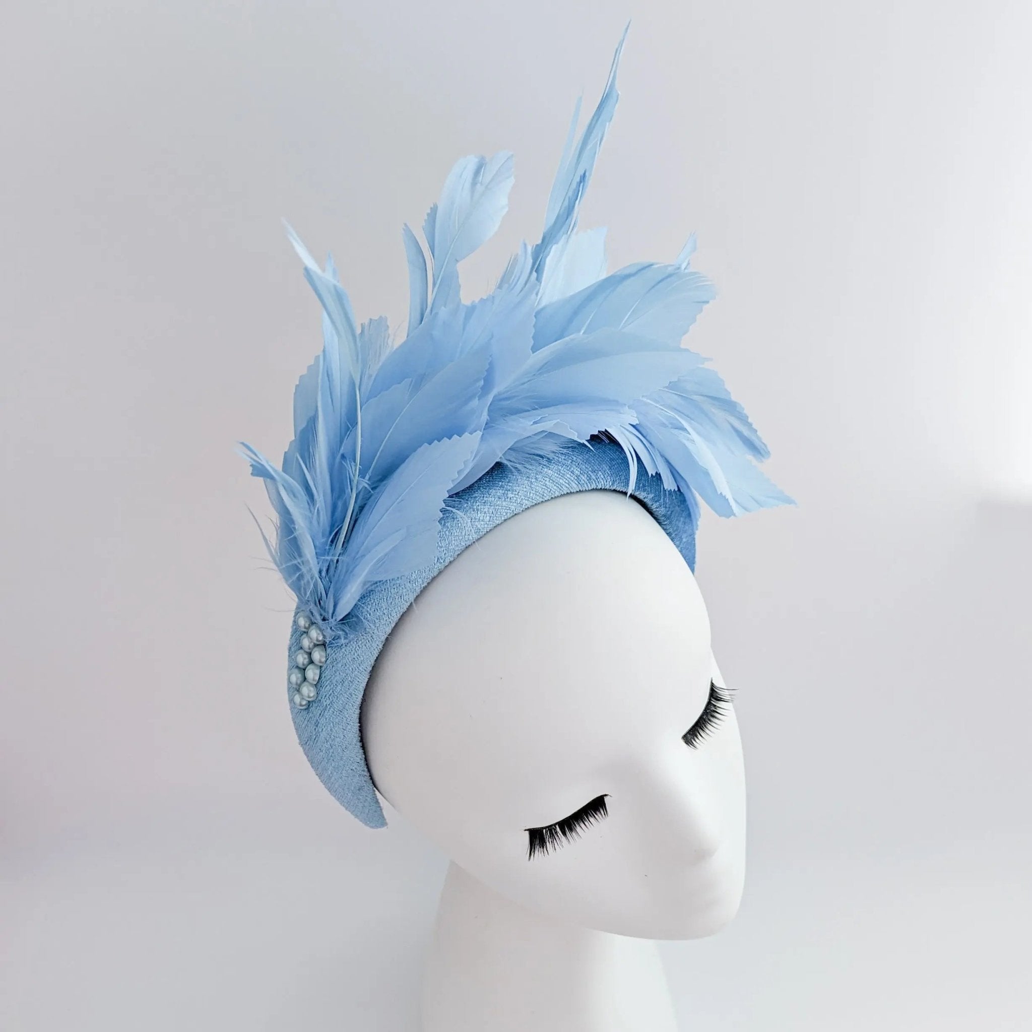 Light cornflower blue feather padded velvet headband fascinator - House of Hats