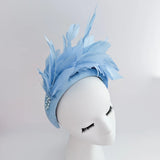 Light cornflower blue feather padded velvet headband fascinator - House of Hats