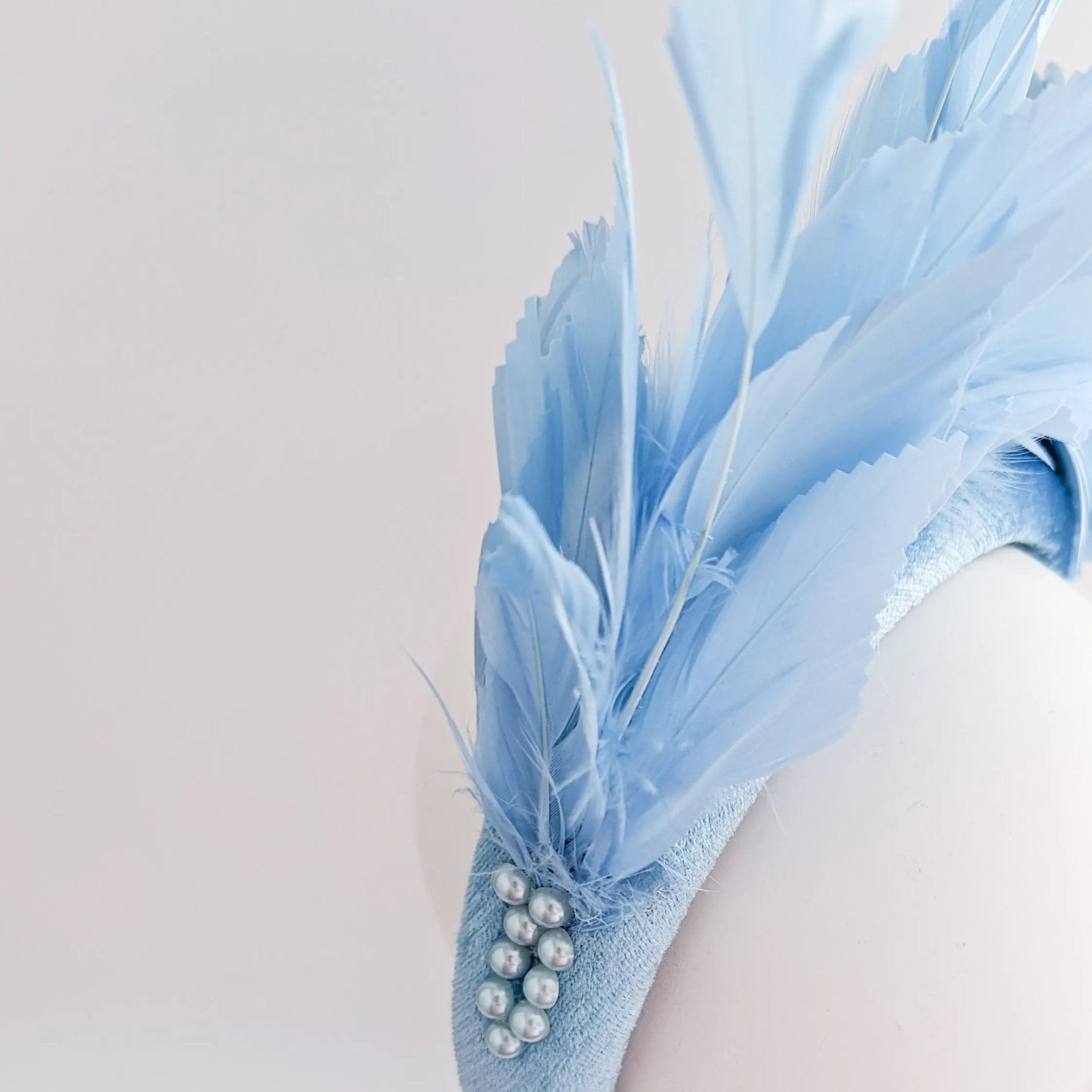 Light cornflower blue feather padded velvet headband fascinator - House of Hats