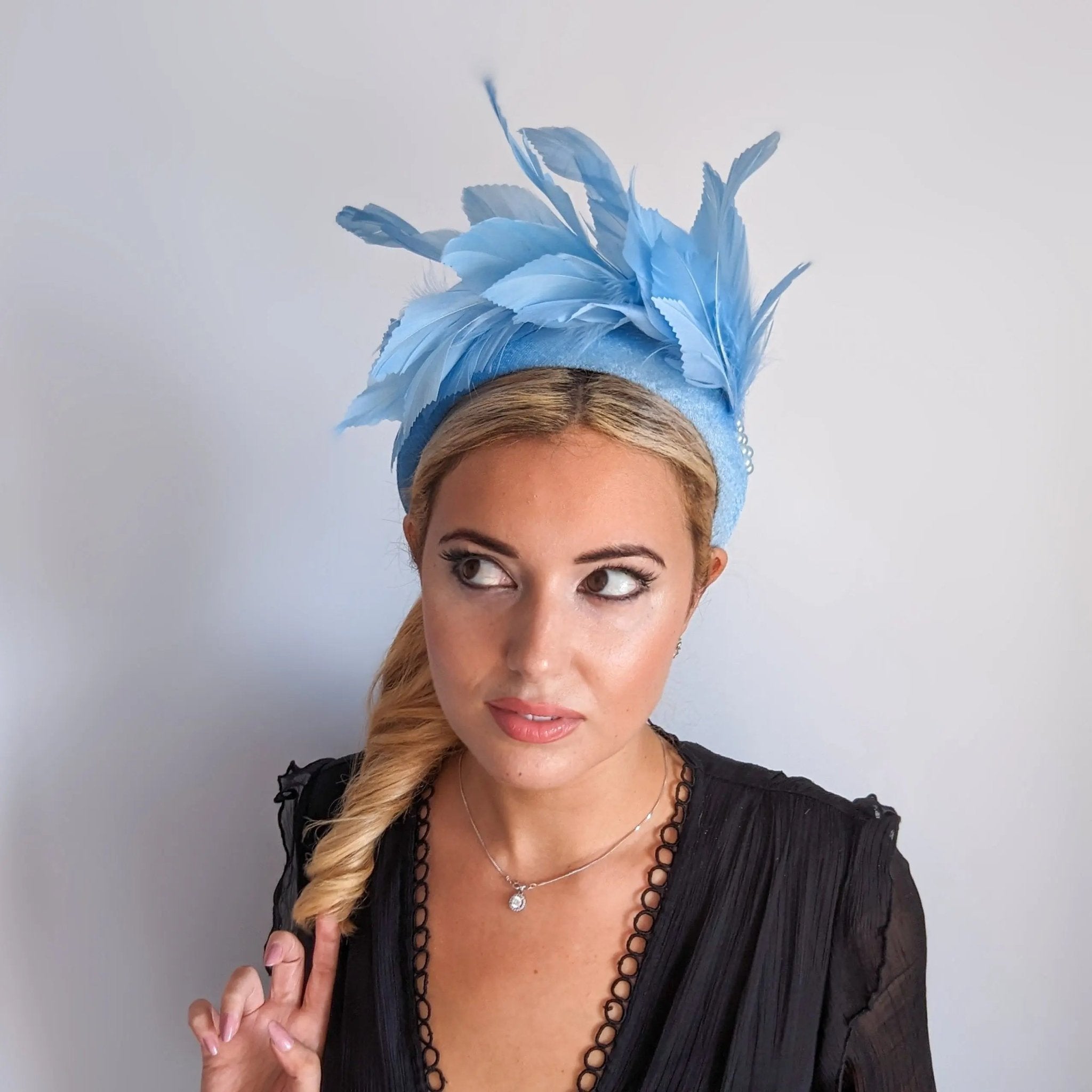 Light cornflower blue feather padded velvet headband fascinator - House of Hats