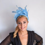 Light cornflower blue feather padded velvet headband fascinator - House of Hats