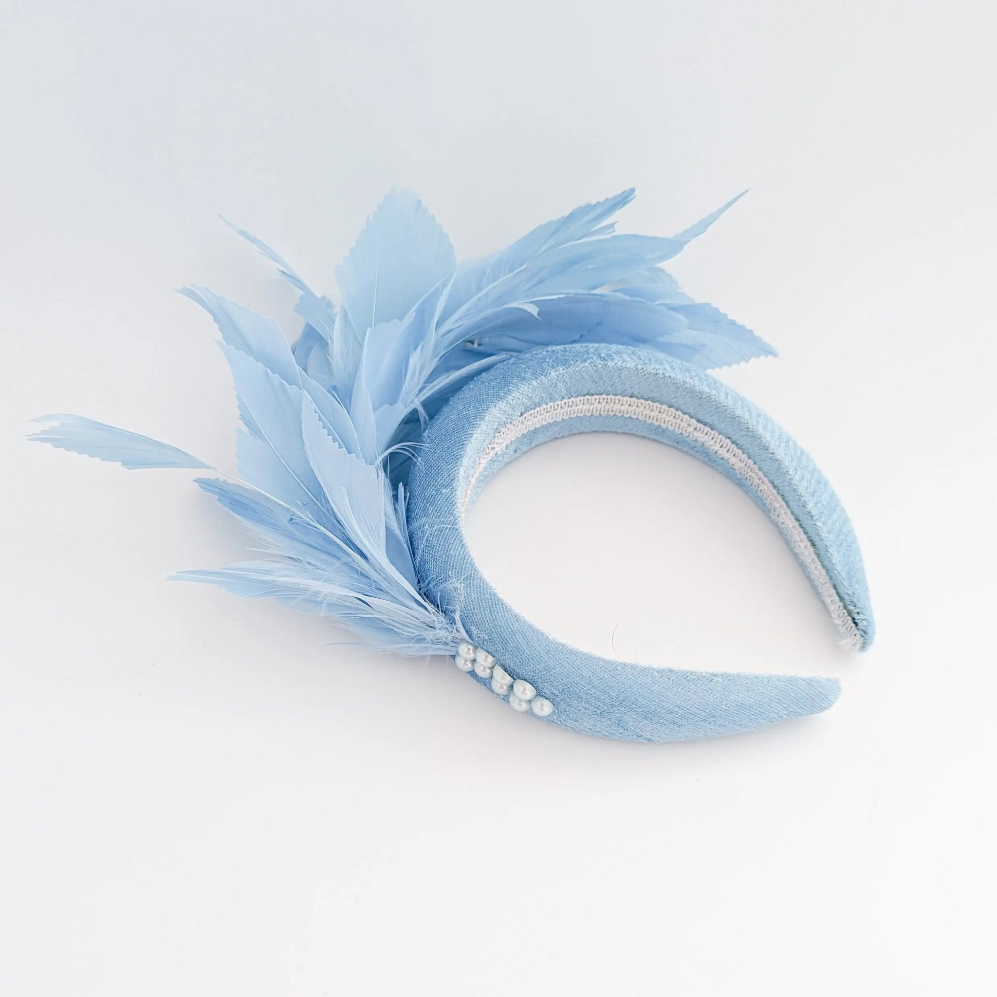 Light cornflower blue feather padded velvet headband fascinator - House of Hats