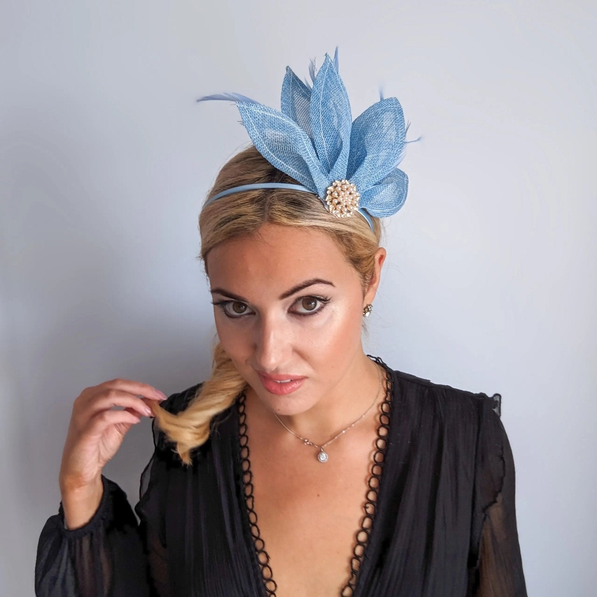 Light cornflower blue feather petal fan fascinator hat - House of Hats